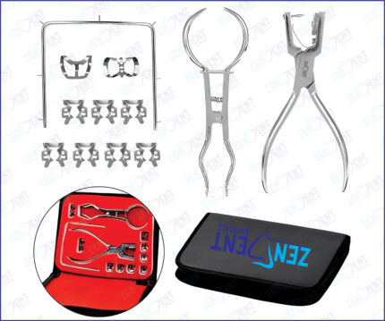 Complete dental rubber dam kit with clamps, forceps, punch and frame for tooth isolation