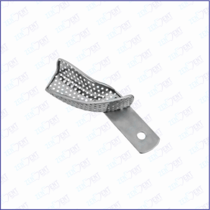 Stainless steel dental impression tray for upper right and lower left quadrants, perforated design